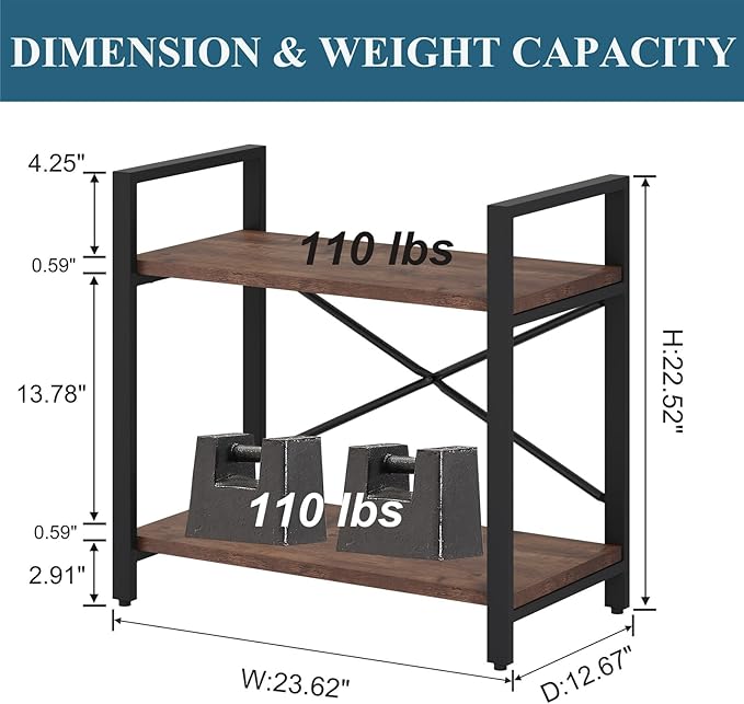 BON AUGURE Small Short Bookshelf, Wood 2 Shelf Etagere Bookcase, Metal Low Book Shelf for Small Spaces Living Room, Bedroom, Office (Rustic Oak) - LeafyLoom