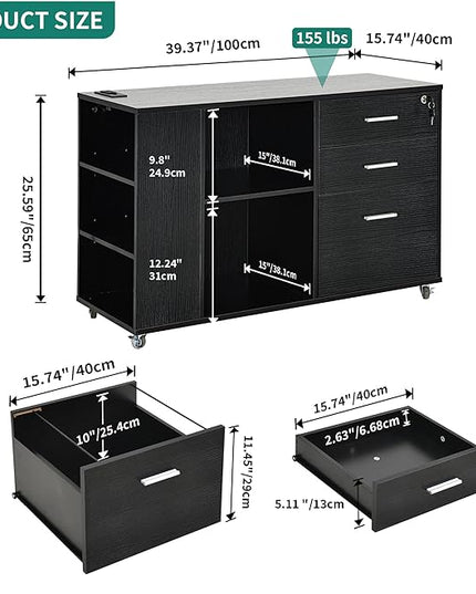 YITAHOME 3 Drawer File Cabinet with Charging Station, Home Office Furniture, Black - LeafyLoom