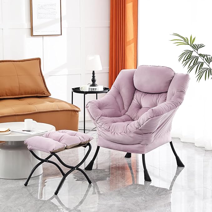 Lazy Chair with Ottoman, Modern Chair with Folding Footrest, Lounge Accent Chair, Comfortable Reading Chair (Light Purple) - LeafyLoom