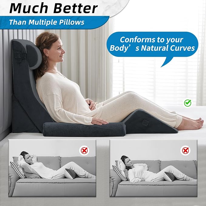 Axelrod 6PCS Orthopedic Bed Wedge Pillow Set, Post Surgery Foam for Back, Neck & Leg Pain Relief Comfortable & Adjustable Ortho Pillows- Anti Snoring, Heartburn, Acid Reflux & GERD Sleeping Dark Grey - LeafyLoom