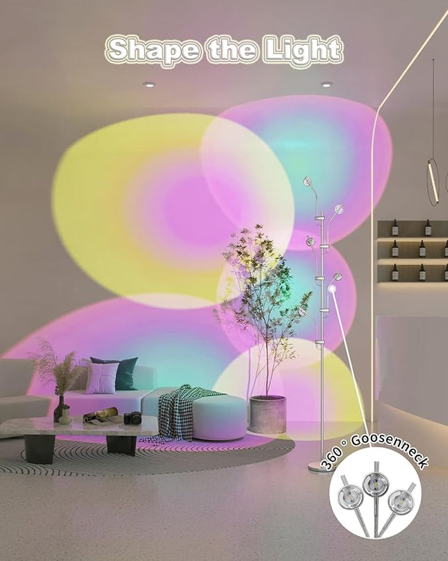 TACAHE RGBW Halo Projector Floor Lamp - 4000K LED with Replaceable Color Filters - Light and Shadow Mood Light - Multi-Head Ambient Decor Lighting for Bedroom, Living Room - 73" - 12W - Chrome - LeafyLoom