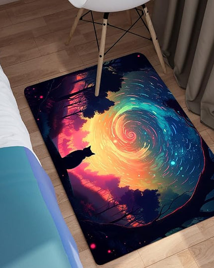 Moon Black Cat Rug - Mystical Stary Night Cat Rug for Kids Bedroom Colorful Black Cat Rug Decor Room Cat Door Mats Outdoor Entrance, 2x3 Feet - LeafyLoom