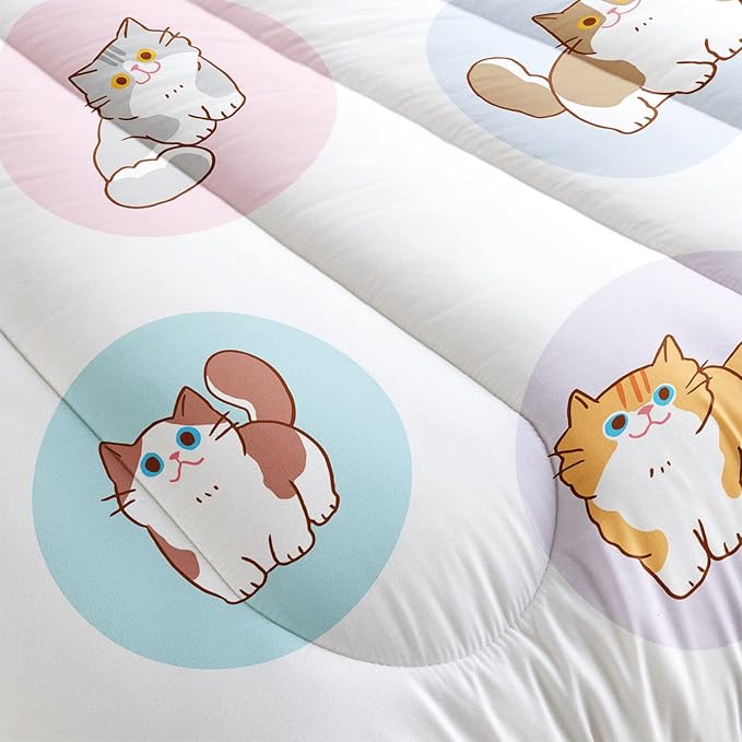 Datura home White Kawaii Cat Comter Bedding Set Girls Kitten White Print Cute Animal Pattern Bedding Set with 1 Comter and 2 Pillowcases Girls Bedroom All Season(Cat White), Queen 90x90inches - LeafyLoom