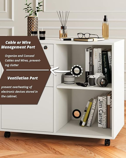 Maxtown Wood Filing Cabinet, Mobile Lateral Filing Cabinet with Lock, 3 Drawer Filing Cabinet with Open Storage Shelves, Printer Stand with Storage, White - LeafyLoom