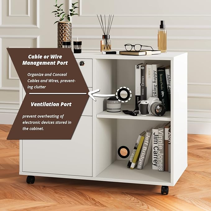 Maxtown Wood Filing Cabinet, Mobile Lateral Filing Cabinet with Lock, 3 Drawer Filing Cabinet with Open Storage Shelves, Printer Stand with Storage, White - LeafyLoom