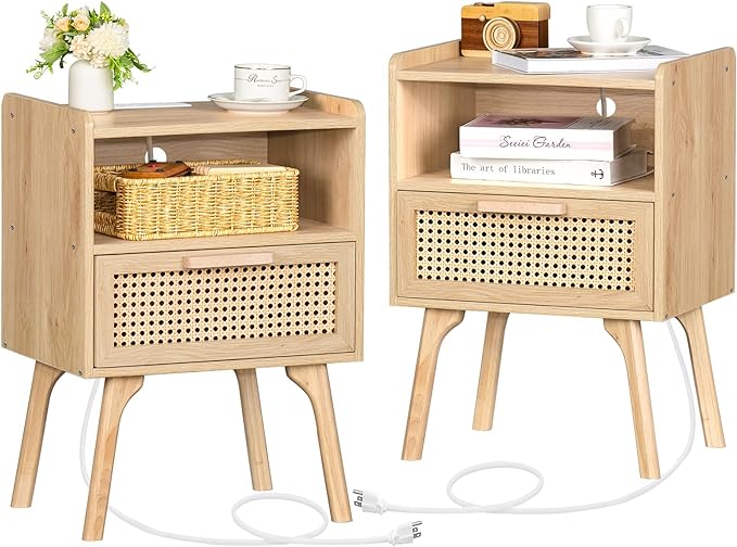 Lerliuo Rattan Nightstands Set of 2 with Charging Station, Boho Side Table with Drawer Open Shelf, Cane Accent Bedside End Table with Solid Wood Legs for Bedroom, Dorm and Small Spaces (Natural) - LeafyLoom