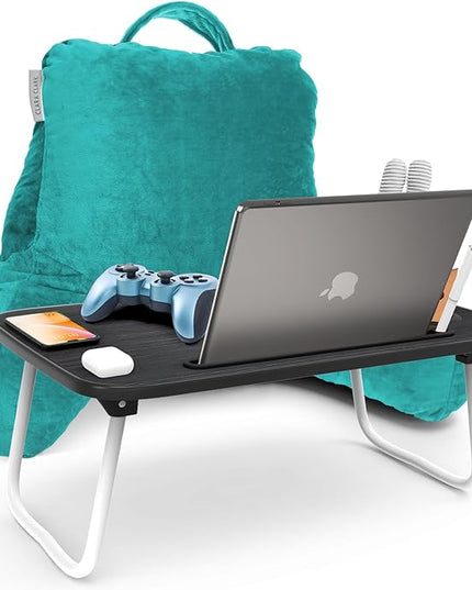 Clara Clark Reading Pillow with Portable Lap Desk Set for Kids, Back Pillow for Sitting Up in Bed, Memory Foam Back Support Pillow, Bed Rest Pillow with Foldable Laptop Desk, Small - Teal - LeafyLoom