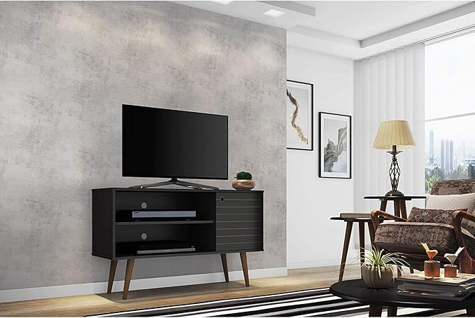 Manhattan Comfort Liberty Mid Century Modern TV Stand for Televisions up to 46 Inches, Bedroom and Living Room Entertainment Center with Storage, Shelves, and Cabinet, 43" Wide, Black - LeafyLoom
