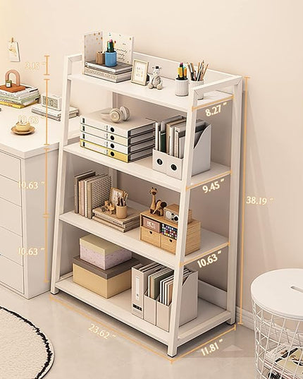 IOTXY 4-Tier Ladder Shelf Bookcase - Wooden Open Bookshelf with Metal Frame, Display Rack for Living Room, Bedroom, Kitchen, and Home Office, White - LeafyLoom