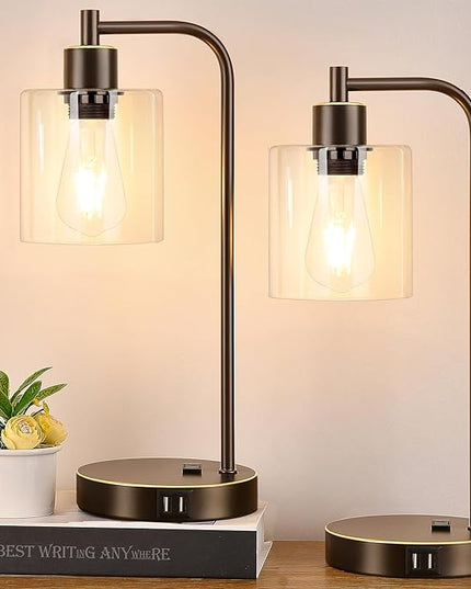Industrial Touch Table Lamps Set of 2 - Bedside Lamps with 2 USB Ports & AC Outlet, 3-Way Dimmable Nightstand Desk Lamp for Bedroom Living Room, Glass Shade & 2 LED Bulbs Included - Oil-Rubbed Bronze - LeafyLoom