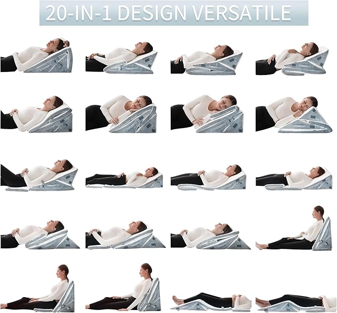 Bed Wedge Pillow for Sleeping, 20-in-1 Adjustable Bed Wedge Pillow for After Surgery, 9&12 Inch Height Memory Foam Triangle Pillow Wedge Relieve Acid Reflux, Gerd, Snoring - LeafyLoom