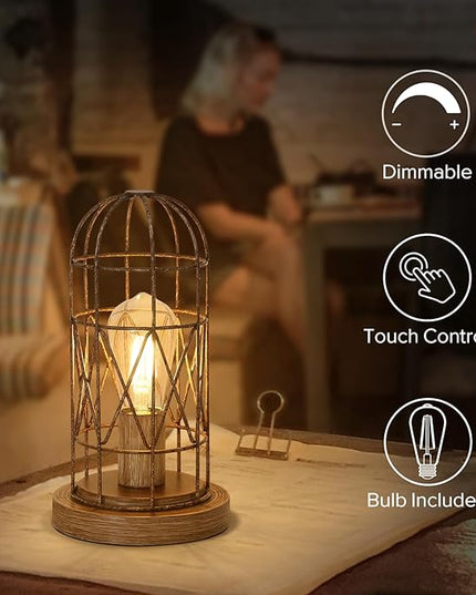 Touch Control Table Lamp Small Lamp for Small Spaces 3 Way Dimmable Nightstand Lamp Farmhouse Bedside Lamp for Bedroom Living Room, Simple Desk Lamp with Brushed Rustic Wood Cage Shade, Bulb Included - LeafyLoom