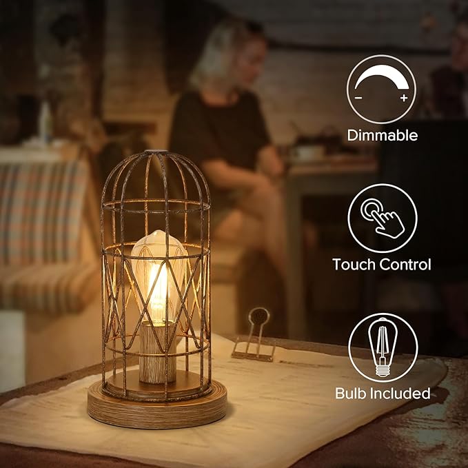 Touch Control Table Lamp Small Lamp for Small Spaces 3 Way Dimmable Nightstand Lamp Farmhouse Bedside Lamp for Bedroom Living Room, Simple Desk Lamp with Brushed Rustic Wood Cage Shade, Bulb Included - LeafyLoom