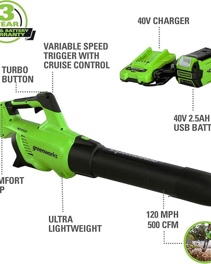 Greenworks 40V (120 MPH / 500 CFM / 75+ Compatible Tools) Cordless Axial Leaf Blower, 2.5Ah Battery and Charger Included - LeafyLoom