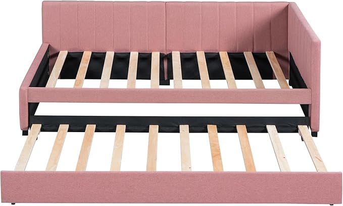 Merax Twin Size Daybed with Trundle, Linen Upholstered Sofa Bed, Solid Wood Slats Support, No Box Spring Needed, Wooden Day Bed Frame for Living Room, Apartment, Small Spaces, Pink - LeafyLoom