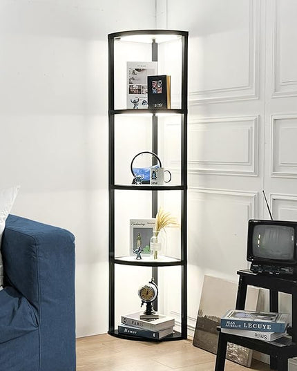 FENLO Fantasy Edge Pro - 66" Glass LED Corner Shelf Lamp with Adjustable Color Range (2700K-6000k), Dimmable Corner Floor Lamp with Shelves, Remote/App Control, On/Off Light Timer - LeafyLoom
