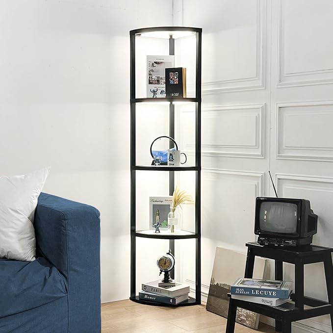 FENLO Fantasy Edge Pro - 66" Glass LED Corner Shelf Lamp with Adjustable Color Range (2700K-6000k), Dimmable Corner Floor Lamp with Shelves, Remote/App Control, On/Off Light Timer - LeafyLoom