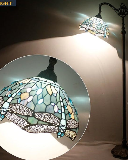 WERFACTORY Tiffany Floor Lamp Sea Blue Stained Glass Dragonfly Arched Lamp 12X18X64 Inches Gooseneck Adjustable Corner Standing Reading Light Decor Bedroom Living Room S147 Series - LeafyLoom