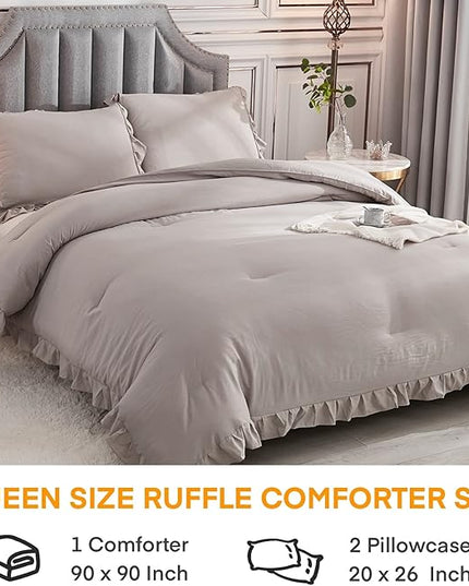 Andency Wheat Ruffle Comforter Queen(90x90Inch), 3 Pieces(1 Ruffled Comforter and 2 Pillowcases) Vintage Ruffle Fringe Comforter, Farmhouse Rustic Microfiber Down Alternative Bedding Comforter Set - LeafyLoom