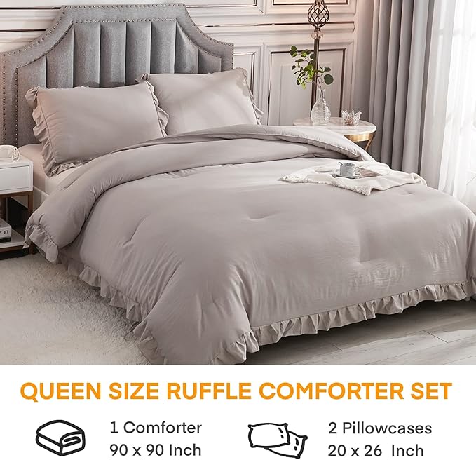 Andency Wheat Ruffle Comforter Queen(90x90Inch), 3 Pieces(1 Ruffled Comforter and 2 Pillowcases) Vintage Ruffle Fringe Comforter, Farmhouse Rustic Microfiber Down Alternative Bedding Comforter Set - LeafyLoom
