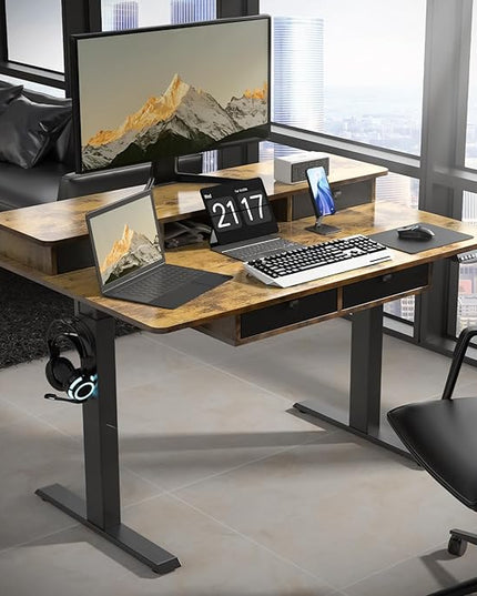 48 * 30 Inches Electric Standing Widened Desk Adjustable Height with 4 Drawers, Double Storage Shelves Stand Up Desk, Home Office Workstation Sit Stand up Desk (Rustic Brown) - LeafyLoom