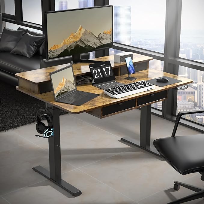 48 * 30 Inches Electric Standing Widened Desk Adjustable Height with 4 Drawers, Double Storage Shelves Stand Up Desk, Home Office Workstation Sit Stand up Desk (Rustic Brown) - LeafyLoom