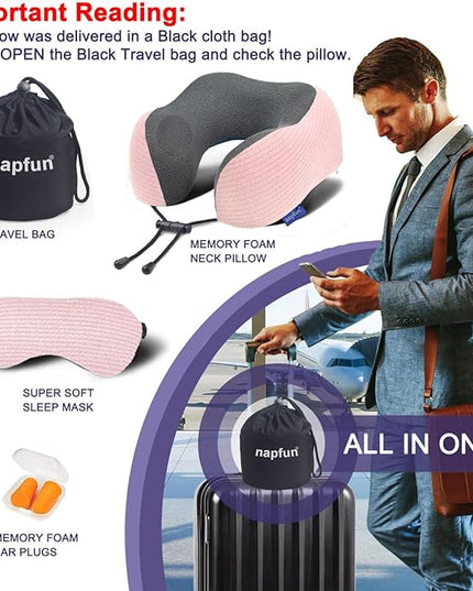 napfun Neck Pillow for Traveling, Upgraded Travel Neck Pillow for Airplane 100% Pure Memory Foam Travel Pillow for Flight Headrest Sleep, Portable Plane Accessories, Pink - LeafyLoom