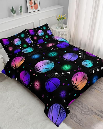 Datura home Kids Comforter Set Glowing Basketball Printed Pattern Bedding Set with 1 Comforter and 2 Pillowcases for Girls Boys Bedroom All Season(Basketball1 Twin) - LeafyLoom