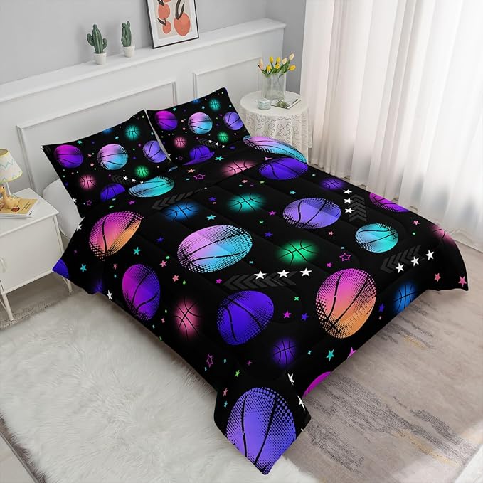 Datura home Kids Comforter Set Glowing Basketball Printed Pattern Bedding Set with 1 Comforter and 2 Pillowcases for Girls Boys Bedroom All Season(Basketball1 Queen) - LeafyLoom
