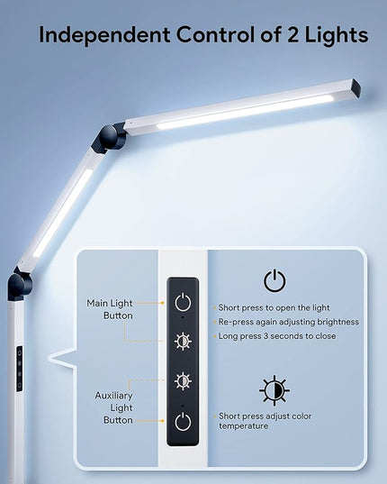 MediAcous LED Desk Lamp with Clamp, Dual Light Desk Lamp with Swing Arm, Dimmable 4 Color Modes & 4 Brightness Table Lamp, Eye-Caring Clip-on Lamp with Memory Function for Home Office, White - LeafyLoom