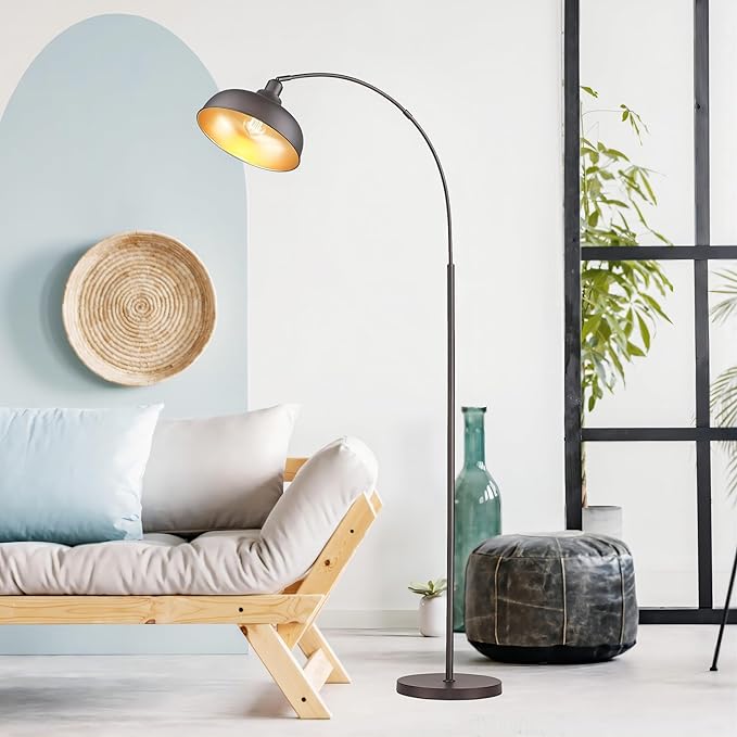 Arc Floor Lamps for Living Room with Remote Control, Modern Farmhouse Tall Standing Lamp, Floor Lamp with 360° Adjustable Hanging Dome Shade, Dimmable Tall Lamp with 9W LED Bulb - LeafyLoom
