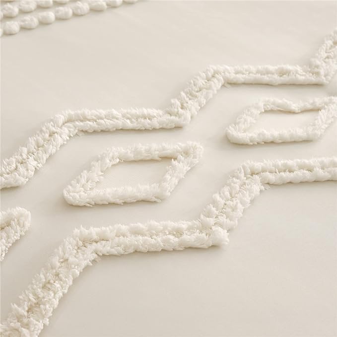 KAKIJUMN White Tufted Comforter Set Queen Size 7 Piece Bed in a Bag, Shabby Chic Boho Comforter and Sheet Set, All Season Soft Microfiber Complete Bedding Set(White,Queen) - LeafyLoom