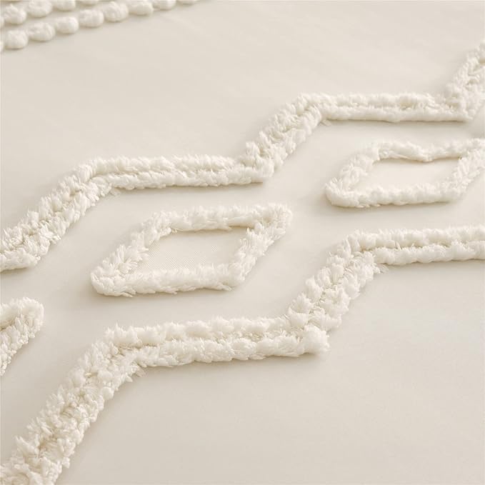 KAKIJUMN White Tufted Comforter Set Full Size 7 Piece Bed in a Bag, Shabby Chic Boho Comforter and Sheet Set, Pom Pom Textured Bed Set, All Season Soft Microfiber Complete Bedding Set(White,Full) - LeafyLoom