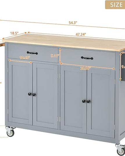Solid Wood Top, Mobile Carts with Storage Cabinet, Rolling Kitchen Table w/Spice, Towel Rack, and Drawer, Portable Islands on Wheels, Gray, 54.33 Inch - LeafyLoom