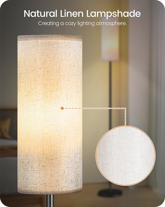 Dimmable Floor Lamp for Living Room, Corner Floor Lamp with Remote, 66'' Standing Tall Lamp, Linen Lampshade, 10W 800LM LED Bulb for Bedroom Study, FCC Listed Black and White W06LD05 - LeafyLoom