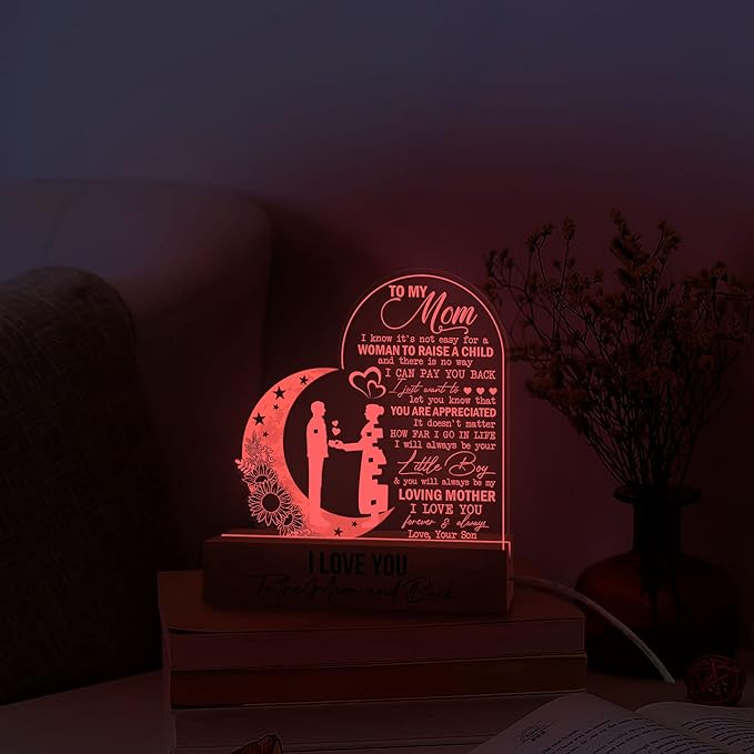Mom 3D Illusion Lamp w/Wooden Base USB Powered, Mom Acrylic Night Light, to My Mom Gift from Daughter, Bonus Mom Stepmom Gift, Lamp Present for Mom Mother, Gift for Birthday Mothers Day - LeafyLoom