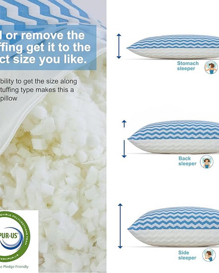 Pillows Queen Size Set of 2- Adjustable Firm Shredded Memory Foam Pillows - Side Sleeper Bed Pillows for Adults with Washable Cover and Bonus Foam Fill - LeafyLoom