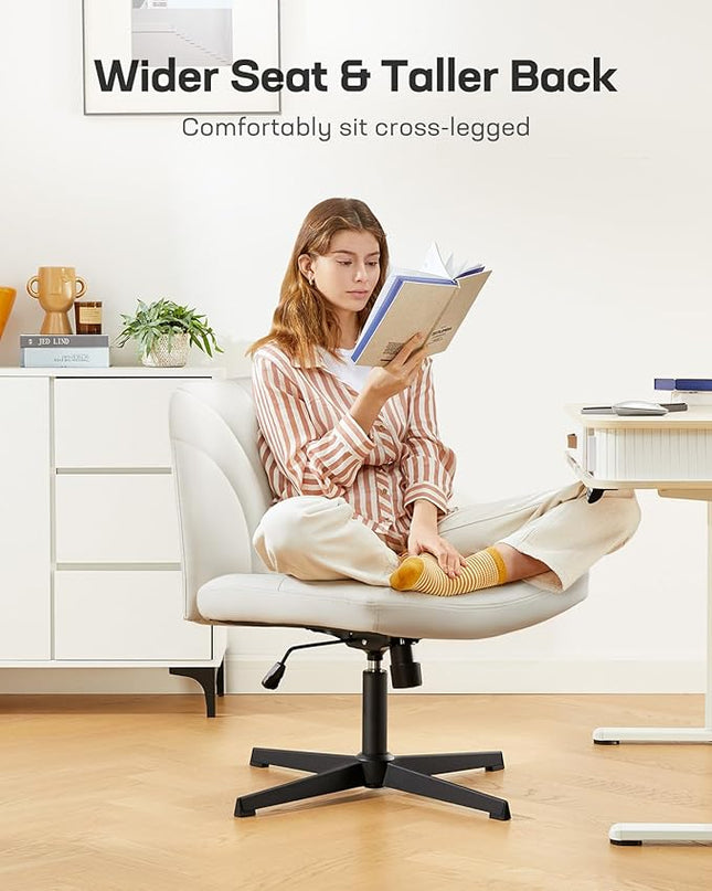 Marsail Cross Legged Office Chair: PU Leather Criss Cross Desk Chair Wide Armless Desk Chair Swivel Height Adjustable Vanity Chair for Make Up,Small Space,Bed Room(Light Beige) - LeafyLoom