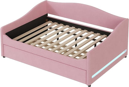 Full Size Upholstered Daybed with Trundle and LED Light, Teddy Fleece Sofabed, Day Bed Frame w/Wood Slats, for Bedroom Living Room, Pink - LeafyLoom