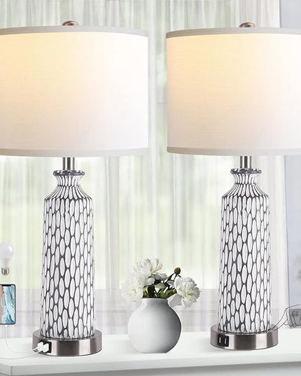 QiMH Table Lamp for Living Room,Bedside Lamps for Bedroom Set of 2 with USB Ports,3-Way Dimmable Touch Control, Modern Coastal White Grey Resin Nightstand Lamp(with 2700K LED Bulbs) - LeafyLoom
