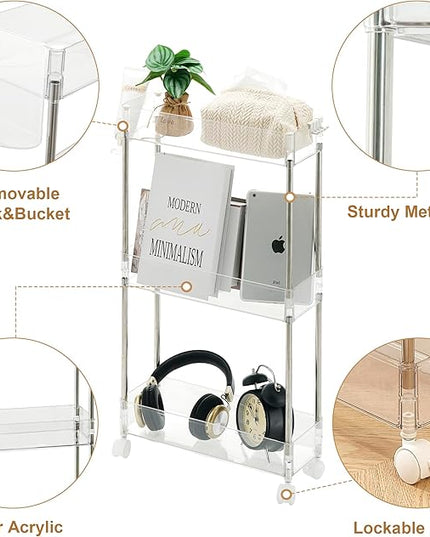 VECELO 3-Tier Clear Rolling Storage Cart,Acrylic Bathroom Utility Cart Kitchen Storage Organizers,Mobile Carts with 2 Lockable Wheels&Hooks for Livingroom Office Home,Clear - LeafyLoom