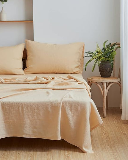 Simple&Opulence 100% Linen Sheet Set Solid Color-4 Pcs Washed French Linen Bed Sheets(1 Flat Sheet,1 Fitted Sheet,2 Pillowcases)-Breathable Bedding Set (Queen, Sand) - LeafyLoom