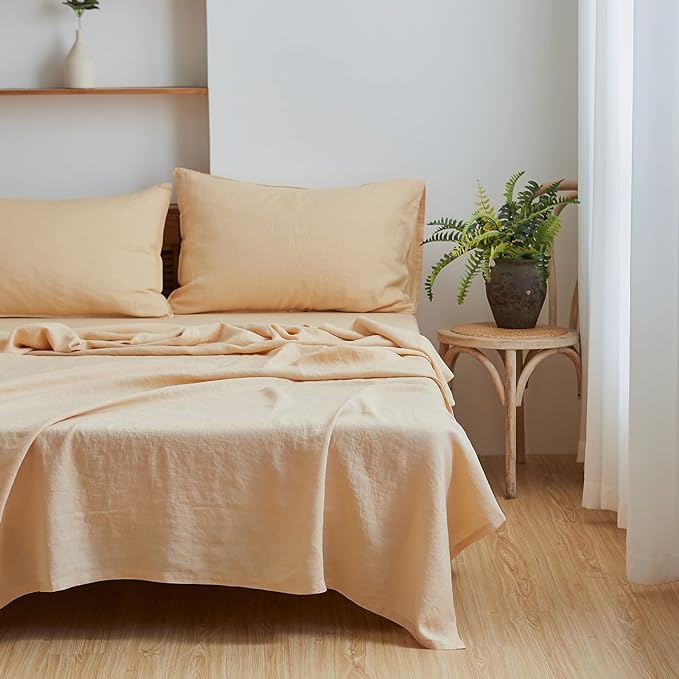 Simple&Opulence 100% Linen Sheet Set Solid Color-4 Pcs Washed French Linen Bed Sheets(1 Flat Sheet,1 Fitted Sheet,2 Pillowcases)-Breathable Bedding Set (Queen, Sand) - LeafyLoom