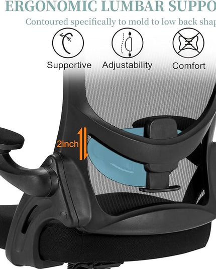 Ergonomic Mesh Office Chair, Comfy Desk Chair with Flip up Armrests, Swivel Computer Desk Chair with Adjustable Lumbar Support and Height for Home Office, 300 lbs Capacity - LeafyLoom