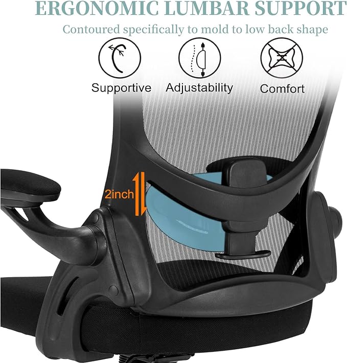 Ergonomic Mesh Office Chair, Comfy Desk Chair with Flip up Armrests, Swivel Computer Desk Chair with Adjustable Lumbar Support and Height for Home Office, 300 lbs Capacity - LeafyLoom