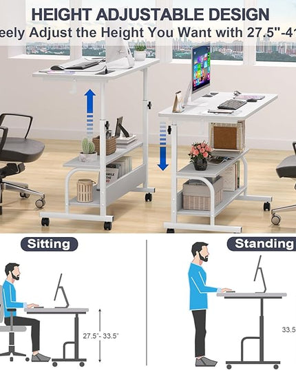 Height Adjustable Standing Desk with Power Outlets, 32" Manual Stand Up Desk with Storage Shelves Small Mobile Rolling Computer Desk Portable Laptop Table with Wheels for Home Office, White - LeafyLoom