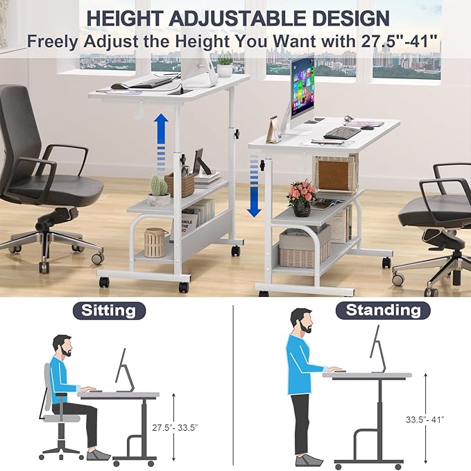 Height Adjustable Standing Desk with Power Outlets, 32" Manual Stand Up Desk with Storage Shelves Small Mobile Rolling Computer Desk Portable Laptop Table with Wheels for Home Office, White - LeafyLoom