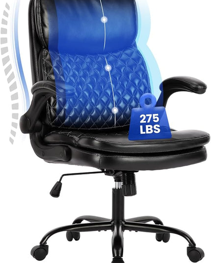 COLAMY Home Office Chair 275LBS Executive Leather OfficeChair with Padded Flip-up Arms, Adjustable Height and Tilt Lock, Tufted Black - LeafyLoom