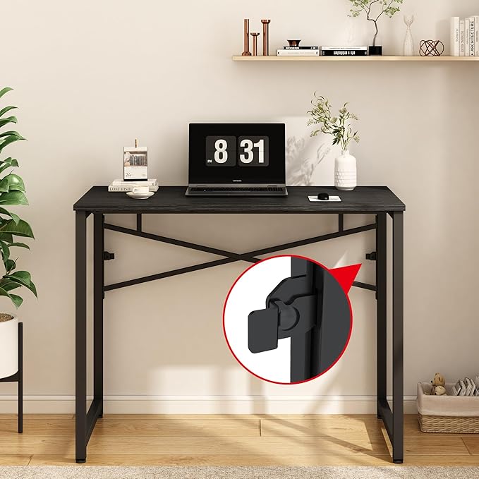 39 Inch Foldable Computer Desk, Folding Space-Saving Home Office Table, Study Writing Gaming Workstation for Small Space, No Assembly Needed,Black - LeafyLoom