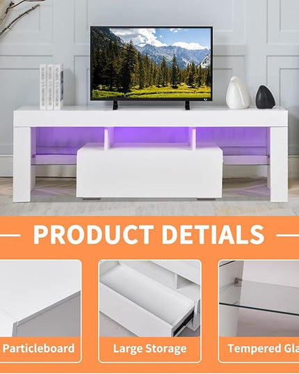LED TV Stand for Televisions up to 55 inches, Entertainment Center and Media Console with Storage Drawers and Glass Shelves for Living Room, Bedroom - LeafyLoom